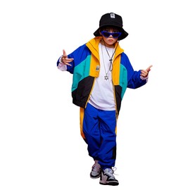 LOLANTA Unisex Kids Color Block Clothing Set,Stylish Street Hip Hop Dance Costume,8-9 Years,B-Blue,140