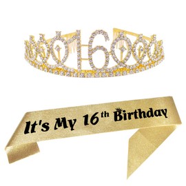 16th Gold Birthday Tiara and Sash Happy 16th Birthday Party Supplies 16th Gold Birthday Glitter Satin Sash and Crystal Tiara Princess Birthday Crown for Girls 16th Birthday Party Decorations
