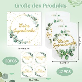 20 Stück Servietten Jugendweihe Deko + 12 Stück Windlicht Tischdeko + 100 Stück Konfetti Tischdeko, Meine Jugendweihe Dekoration Eukalyptus Grün, jugendweihe Party Dekoration