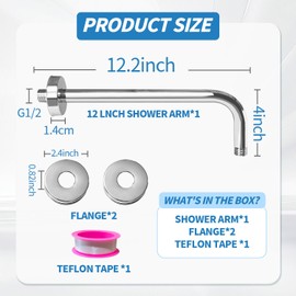 L Shape Shower Arm with Flange,12 Inch Wall Mount Replacement Angle Shower Head Arm 90 Degree Stainless Steel Rain Shower Head Extension for Fixed Bathroom Shower Head(Chrome Finish)