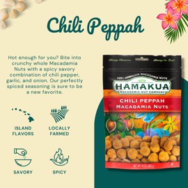 Hamakua Macadamia Nuts - Spicy Chili Pepper - Hawaiian Grown Flavored Dry Roasted Half and Whole Macadamias - Natural Eco-Friendly Large Macadamia Nuts