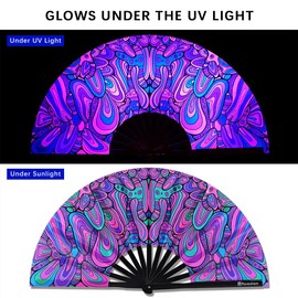 Raveahem Large Folding Fan, 13 Inch Clack Rave Fan Hand Held Fan for Women Men with Premium Satin Fabric, Thick Bamboo Frame for EDM, Music Festival, Party, Dance, Decoration, Gift (Psyche Maze)