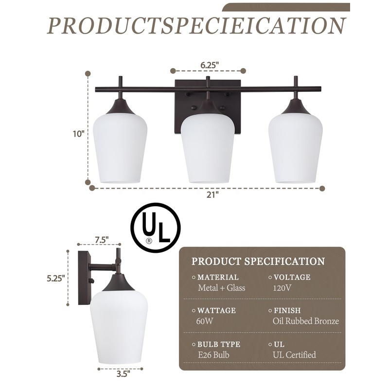 Osimir 3-Light Bathroom Lighting Fixtures Over Mirror, 21" Oil Rubbed