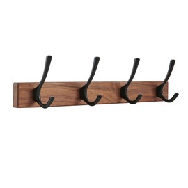 NIBNIE 16 Inch Small Walnut Wood Coat Rack Wall Mount with 4 Hooks, Adhesive & Drilling Mounted, Heavy Duty Wooden Wall Coat Hanger Hanging Towel Clothes Hat Bag Purse Key Jacket Backpack Holder Black