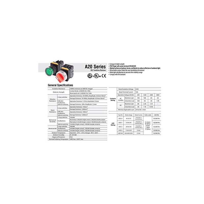 A20F-31E20QM3S, 22mm Selector Switch, 3 Positions, Illuminated, Spring Return from
