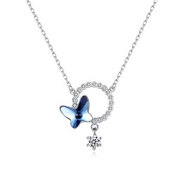 Bellitia Jewelry 925 Sterling Silver Necklace Shiny Butterfly Pendant Necklace Crystal Chain Jewellery for Women and Girls, Sterling Silver, Crystal