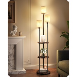 AZADESJET Floor Lamp with Shelves, 3-Light Floor Lamps for Living Room, Modern Standing Lamp with Linen Shades and Foot Switch, 66.1'' Tall Corner Lamp for Bedroom, Office, E26 Base, Walnut and Beige