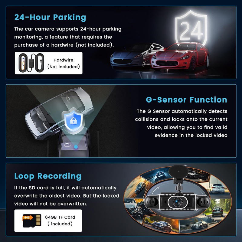 360° Dash Cam Front/Rear/Inside/Side 4-Channel Dash Camera FHD 1080P×4 Car