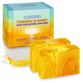 CLERZENA Honey Kojic Acid and Turmeric Soap for Dark Spots | Vitamin C & E, Retinol, Collagen Kojic Acid Soap Bar | Dark Spot Remover for Face | Turmeric Face Soap for Women and Men