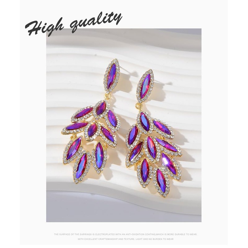 Leaf Crystal Dangle Earrings for Women Jewelry (Hot Pink-14K Gold)