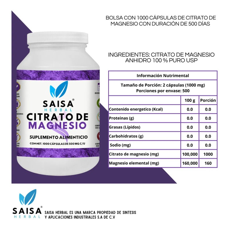 Citrato De Magnesio Y Citrato De Potasio 1000 Cáps C/u.