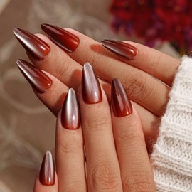 KQueenest Cat Eye Press On Nails Almond, 30 Pcs Glitter Brown Press On Nails Medium, Sparkly Fake Nails With Glue, Luxury Chrome Nails Press ons, Reusable Stick on Nail for Women Fall