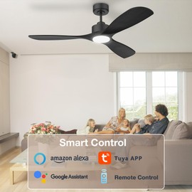 Hoenofly 52” Wood Smart Ceiling Fans with Lights Remote,Quiet DC Motor,Outdoor Indoor Ceiling Fan,Voice Control via WIFI Alexa App,Dimmable,Modern Black Ceiling Fan for Bedroom Patio Porch