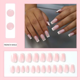 French Tip - False Nails Square - 24Pcs White Tip Stick on Nails French Designs Press on Nails with Glue - Acrylic Full Cover Artificial Fake Nails for Women and Girls