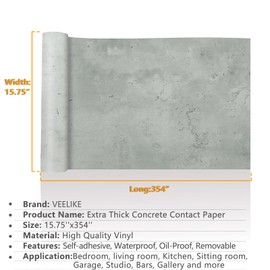 VEELIKE Concrete Wallpaper for Wall 15.7''x354'' Peel and Stick Distressed Concrete Countertop Contact Paper Waterproof Self Adhesive Thick Cement Wallpaper Murals Removable for Desk Bedroom Backdrop
