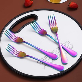 Rainbow Dinner Forks Set of 4, Berglander Stainless Steel Titanium Mutil-Color Plating Fork Set, Colorful Forks And Spoons Silverware, Table Forks Set Sturdy And Dishwasher Safe