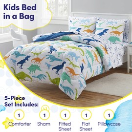 Kids Bedding Set Bed in a Bag for Boys and Girls Toddlers Printed Sheet Set and Comforter, Twin, Dinosaur (Pack of 4)