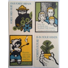 Smokey Bear Poster Stamp 1966 Blk of 4 Sbr37-38-39-40 US GPO Family tree Promise