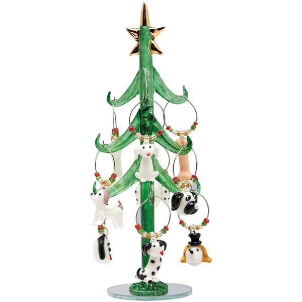 Glass Christmas Tree with Dog Wine Charm Ornaments-9"