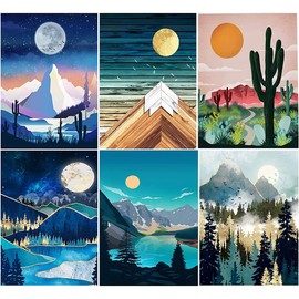 6 Pack Paint by Numbers for Adults Beginner, Adult Paint by Number Easy for Kids, Watercolor Landscape DIY Oil Painting kit, Rolled Wrinkle Free Canvas- Mountain Moon 8X12 inch (Without Frame)