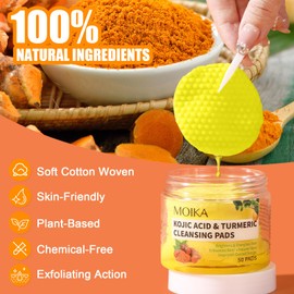 Turmeric Kojic Acid Pads, 50 Stück Kurkuma Kojinsäure Reinigungspads, Tiefenreinigung der Poren, Peeling und Beseitigung Dunkler Flecken für Eine Bessere Haut