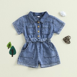 Edhomenn Summer Toddler Baby Girl Jumpsuit Short Sleeves Turn Down Collar Button Down Elastic Waist Jean Romper Baby One Piece Outfit (Blue, 18-24 Months)