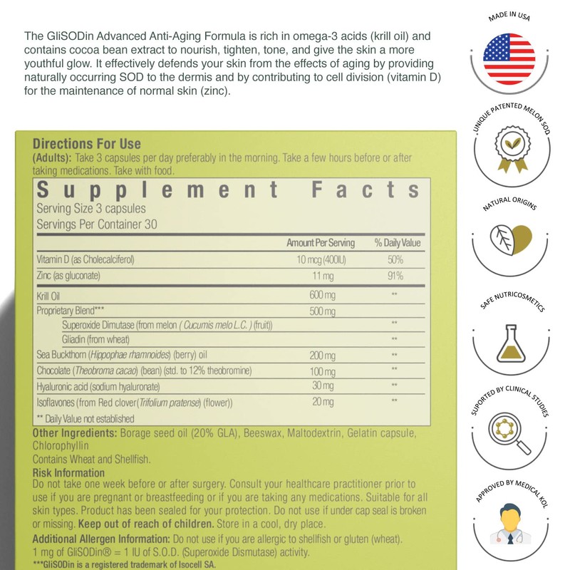 GliSODin Skin Nutrient Advanced Fórmula antienvejecimiento, 90 cápsulas