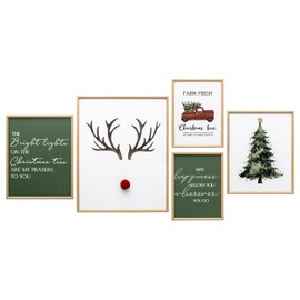 ArtbyHannah Christmas Canvas Wall Art, Framed Christmas Wall Art with 3D Reindeer Nose, 5 Pack Christmas Wall Decor for Christmas Wall Decorations for Living Room, Bathroom(14x11,10x8,8x6)