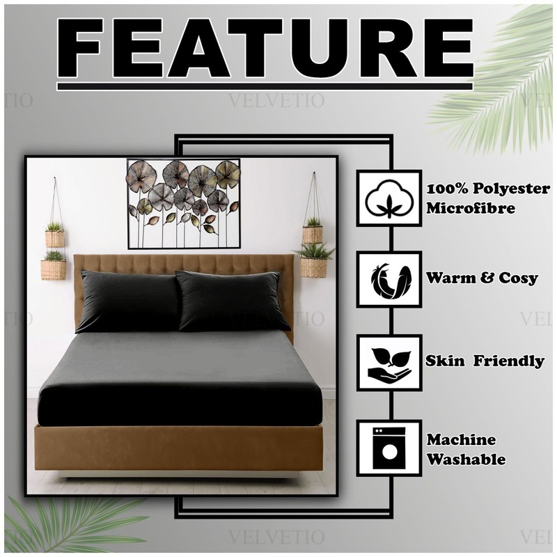 VELVETIO Easy Care Plain Black Fitted Sheet, Soft Breathable 100%