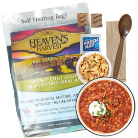Heaven's Harvest Self-Heating Emergency Meal Kit (10 Year Shelf Life) — Tastier than MRE Meals & Ready-To-Eat in Minutes! Just add water to activate the “cooking” process. (Veggie Chili) (Single)