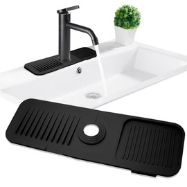 Jiozermi 17.5inch Kitchen Sink Splash Guard, Silicone Faucet Handle Drip Catcher Tray Mat for Kitchen Sink Accessories Gadgets, Drying Mat for Kitchen Counter Bathroom (Black)