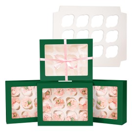 Gcardist Auto-pop Up 12 Cupcake Boxes with Window Deep Green 6 Packs Cupcake Box 33x25.4x9cm Bakery Boxes For Cupcakes Carrier, Cupcake Containers