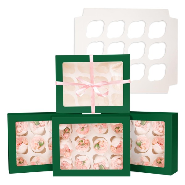 Gcardist Auto-pop Up 12 Cupcake Boxes with Window Deep Green
