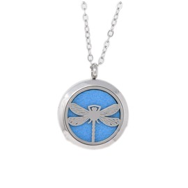 Aromatherapy Essential Oil Diffuser Stainless Steel Silver Magnetic Locket Pendant 2 sizes Chain Necklace, Refill Pads & Diffuser Bracelet in a velvet bag (Dragonfly)