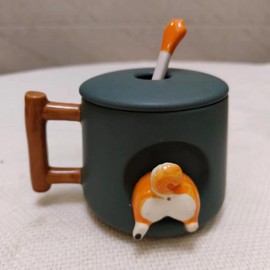 yhklatwz Lovely Couple Cup, Ceramic Mug with Lid&spoon, Novel 3d Chaigou Shape Suitable for Valentine's Day, Mother's Day, Birthday Party, Office Gift (14.2Oz Green Tail)