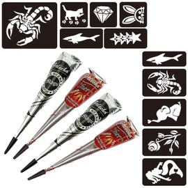 Naturic 4 x Henna Tattoo, Temporary Tattoo + 11 x Henna Tattoo Stencil, Temporary Mehndi Tattoos, Natural Cones, Tattoo Stickers, Temporary Tattoo Red Brown, Black, Cherry Red