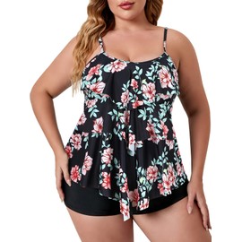 Bathing Suits Women Tummy Control Plus Size Tankini Swimsuits for Women with Shorts Swimwear Black Floral 5XL