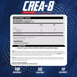 EHP Labs CREA-8 Creatine Monohydrate Powder - Unflavored Creatine Powder for Muscle Growth, Increased Strength, Enhanced Energy Output and Improved Performance - 100 Servings (500g)
