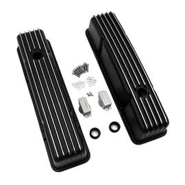 Black Aluminum Finned Tall Valve Covers Compatible with Small Block Chevy 350