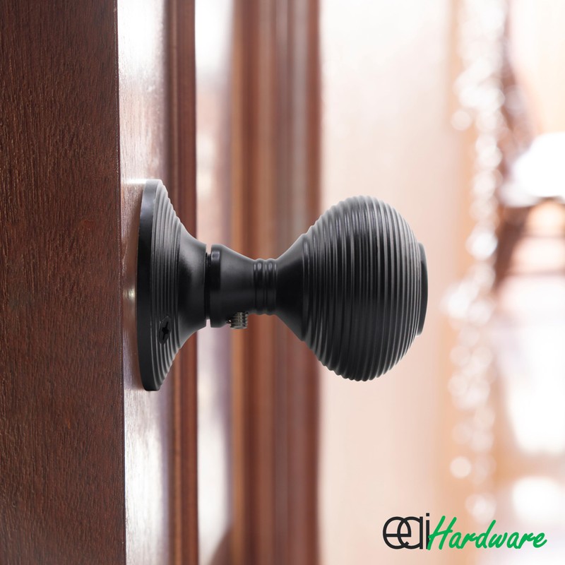 EAI Beehive Reeded Black Door Knob Set | 1 Pair