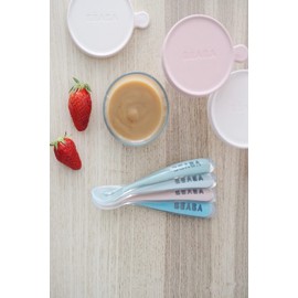 BEABA First Stage Baby Feeding Spoon Set, The Original Soft Tip Silicone Spoons for Babies, Gum Friendly BPA Lead Phthalate and Plastic Free, Great Gift Set (4 Pack), Cloud