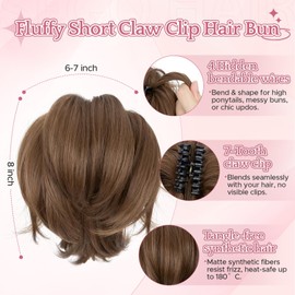 SEGOHAIR Claw Clip Short Ponytail Hair Extensions Messy Bun Hair Piece for Women with DIY Bendable Metals Straight Synthetic Fake Hairpieces #10 Light Chestnut Brown