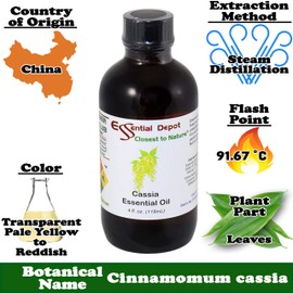 Essential Depot Cassia Essential Oil - 4 oz - GC/MS Tested - Supplied in 4 oz. Amber Glass Bottle with Black Phenolic Cone Lined and Safety Sealed Cap