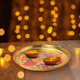 Tarini Gallery Pooja Thali Plate Small Hand Crafted Embossed Colorful Design Peacock Essential Puja Article for Rituals Festivals Home Temple Office Wedding and Gifting (Peacock Plate - 7")