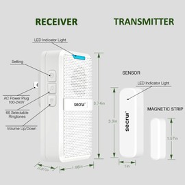 SECRUI Wireless Door Chime, 5 Adjustable Volume 600Ft Range 2 Magnetic Door open Contact Sensor with 62 Chimes Mute Mode Door Bell Plugin Receiver for Home/Office/Store (White)