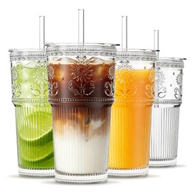 INSETLAN 20 oz Sunflower Glass Cups with Lids and Straws, Set of 2, Elegant Iced Coffee Cups for Coffee, Matcha, Smoothies, Juice, Cocktail and More, Leak-Proof Glass Tumbler for Daily Use and Travel