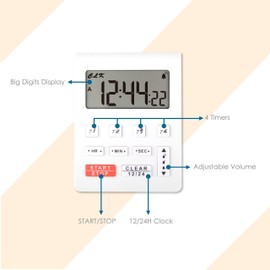 HonorMeet Digital Desk Timer with 4 Count-Down/Count-up Trackings,12 or 24 Hours Clock Display,Buzzer Alarm Reminder for Kids and Adults,Time Management for Workout Study Piano Practise (White)