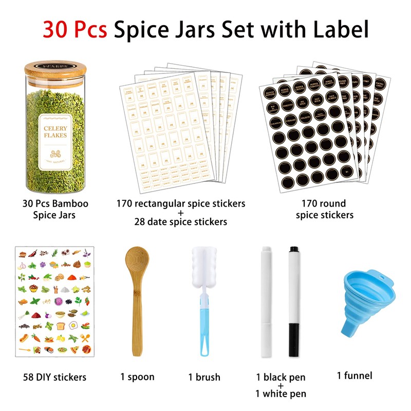 BGraceyy Spice Jars with Labels, 30Pcs 6oz Glass Spice Jars