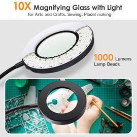 10X Lighted Magnifying Glass - 3 Colors & 10 Brightness Clip On Desk Lamp with Clamp Light - 1000 Lumen Hands Free Magnifier