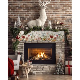 Victoroes Mantle Scarf 60 x 17 Inch, Beige Spring Natural Scene Red Pink Flowers Green Leaves Butterfly Fireplace Mantel Scarf Mantel Cover Runner for Home Living Room Indoor Holiday Party Decor